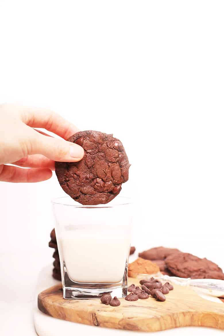 Finished cookie dipped into milk