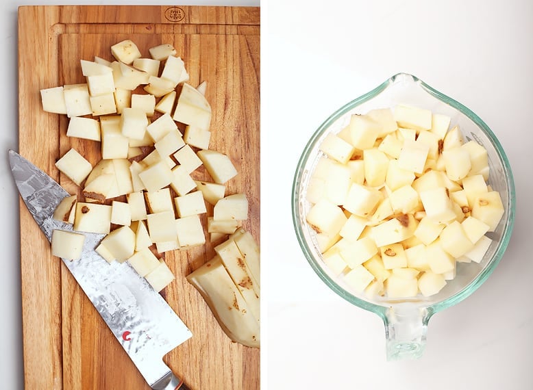 Diced potatoes on a cutting board