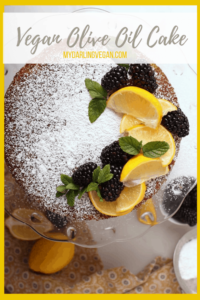 Vegan olive oil cake filled with lemon zest for deliciously subtle flavors and an ultra moist delicate crumb; a decadent and beautiful dessert.
