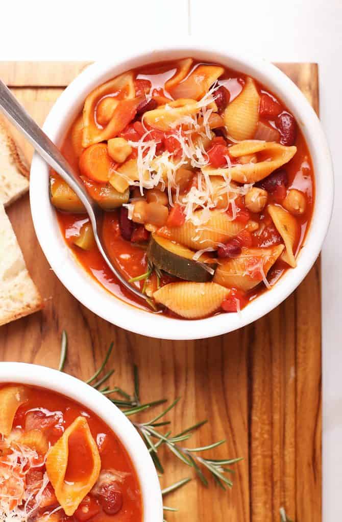 Finished soup in a white bowl