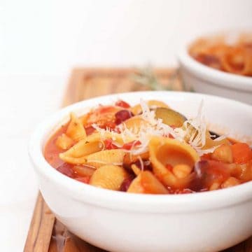 Minestrone soup in a white bowl