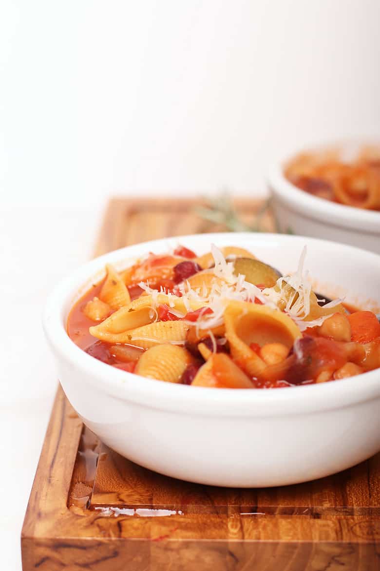 Finished soup in a white bowl