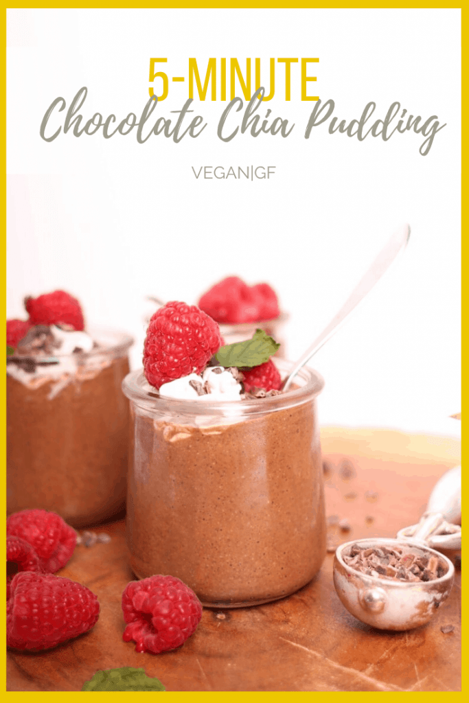 Delicious light and decadent chocolate chia pudding! It takes just 5 minutes to throw together for a wholesome vegan dessert. Gluten free!