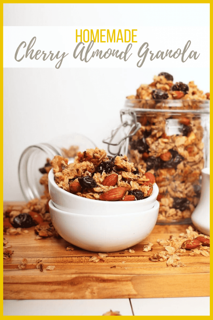 The perfect, sweet and crunchy, super chunky, homemade granola filled with cherries, almonds, coconut, and spices for a hearty and healthy quick breakfast. Easy and delicious!