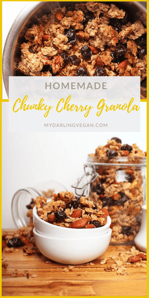 The perfect, sweet and crunchy, super chunky, homemade granola filled with cherries, almonds, coconut, and spices for a hearty and healthy quick breakfast. Easy and delicious!