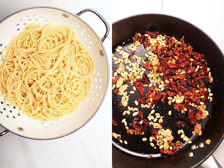 Spaghetti noodles and pine nuts