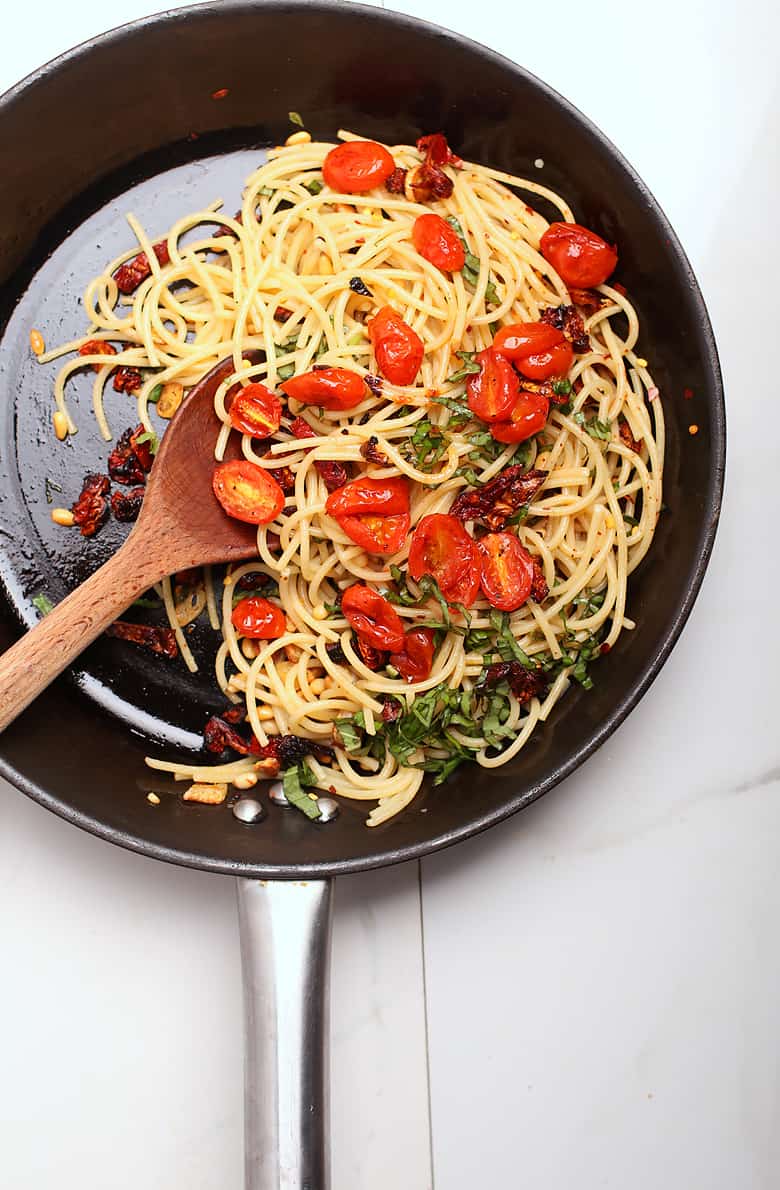 Vegan pasta in a skillet