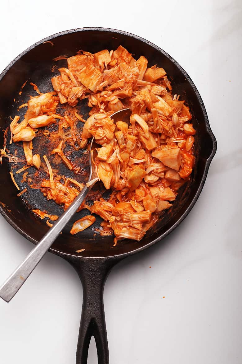 Buffalo Jackfruit in a cast iron skillet