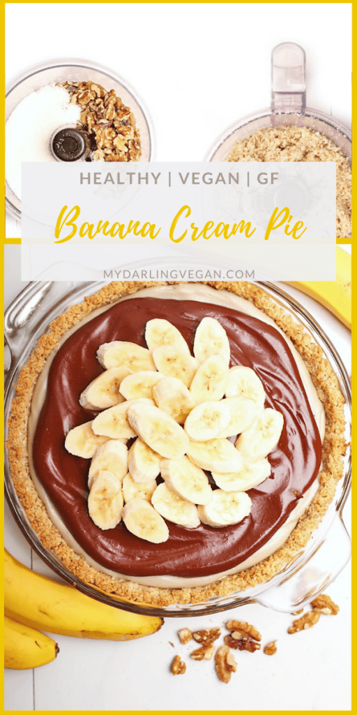 Delicious vegan Banana Chocolate Cream Pie. Layers of banana and chocolate mousse topped with shredded coconut and fresh bananas for a gluten-free and naturally sweetened wholesome dessert.