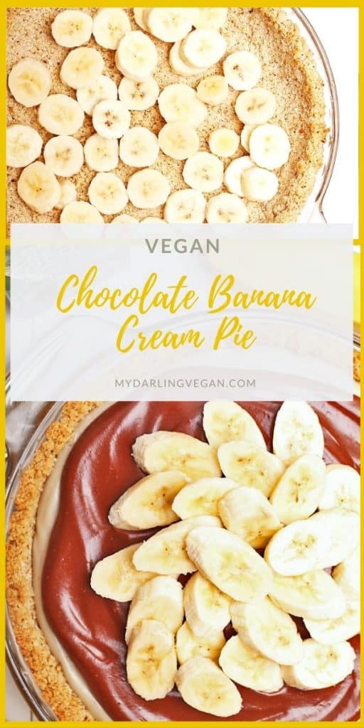 Delicious vegan Banana Chocolate Cream Pie. Layers of banana and chocolate mousse topped with shredded coconut and fresh bananas for a gluten-free and naturally sweetened wholesome dessert.