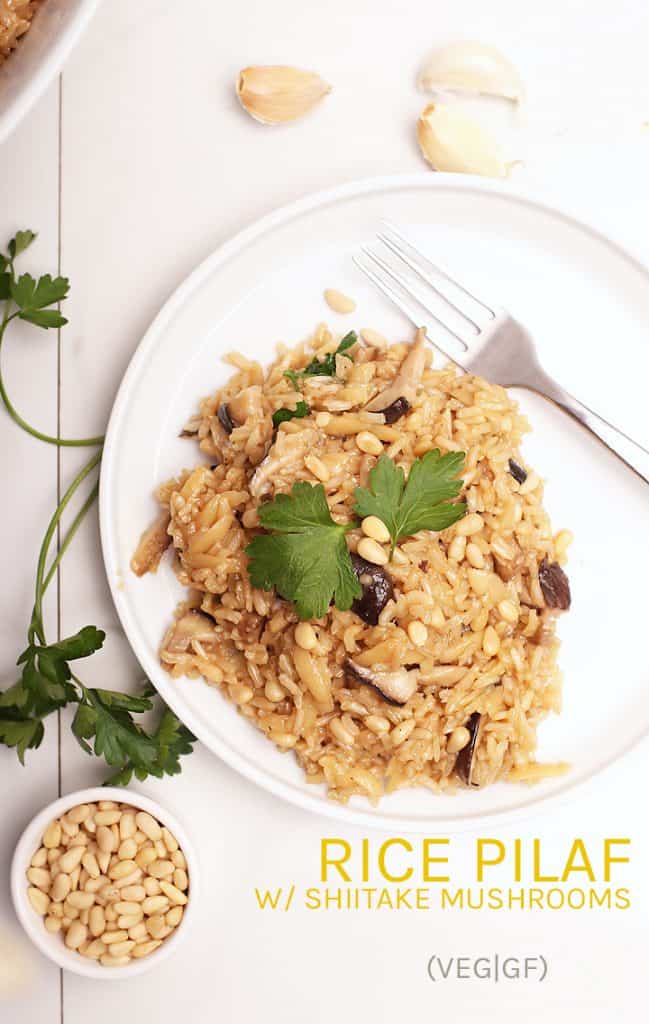 Enjoy this hearty and rich garlicky brown rice pilaf. Made with pine nuts and shiitake mushrooms for a delicious vegan side to your favorite weeknight meals. 
