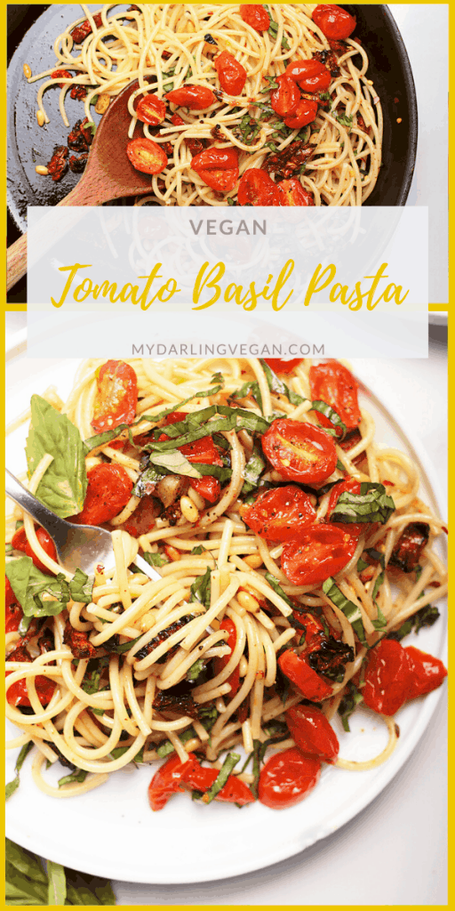 Enjoy the sweet and tart flavors of this vegan pasta with roasted cherry tomatoes and fresh basil. Tossed with toasted garlic and pinenuts, this vegan pasta is the perfect 30-minute weeknight meal.