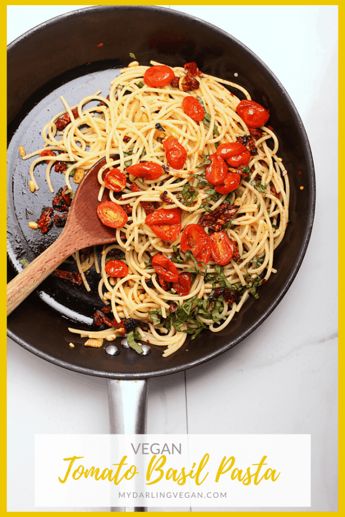 Enjoy the sweet and tart flavors of this vegan pasta with roasted cherry tomatoes and fresh basil. Tossed with toasted garlic and pinenuts, this vegan pasta is the perfect 30-minute weeknight meal.