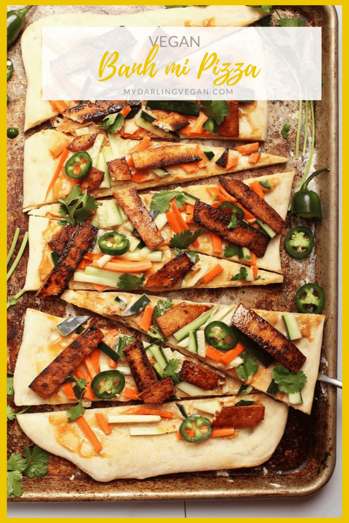 A culinary fusion of Italian and Vietnamese classics, this vegan Banh Mi Pizza is made with quick pickled cucumbers and carrots, seasoned tofu, and creamy Banh mi sauce.