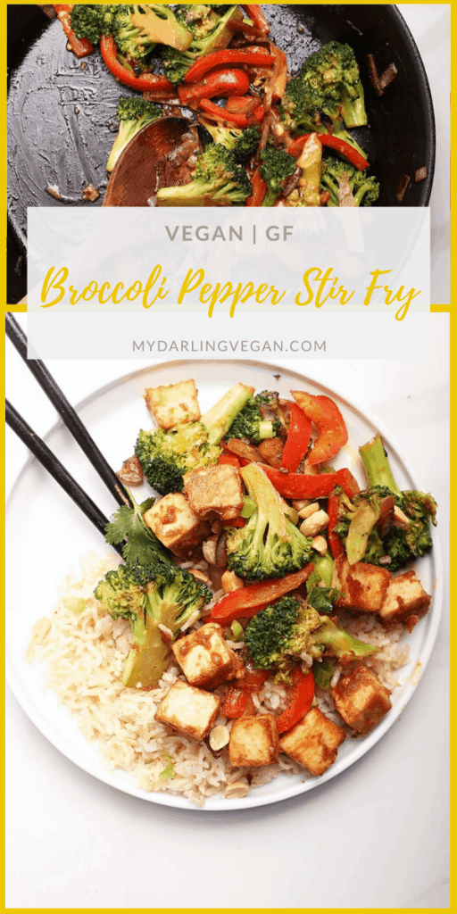 This Vegetable Stir Fry is made with sautéed broccoli and peppers and mixed with a Ginger Peanut Sauce for a delicious, hearty, and healthy tofu dinner recipe.