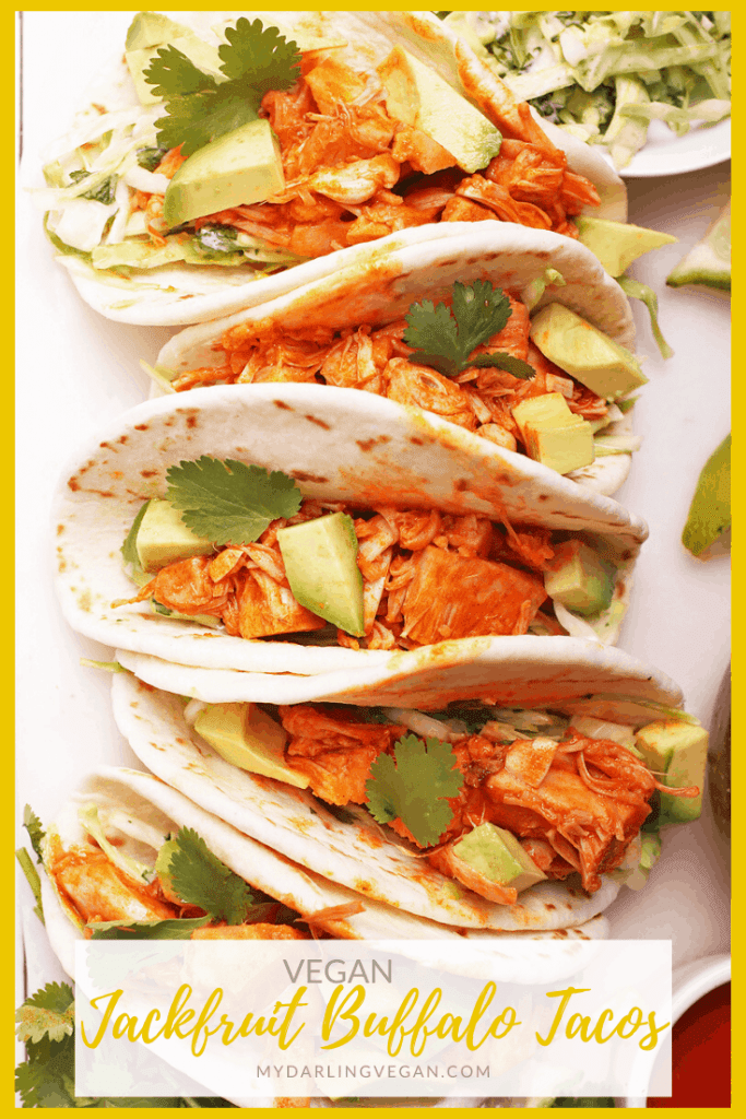 Lighten up with these incredible vegan tacos. Made with buffalo jackfruit, cilantro cabbage slaw, and fresh avocado, these tacos are something to get excited about! Made in just 20 minutes for an easy and delicious vegan meal.