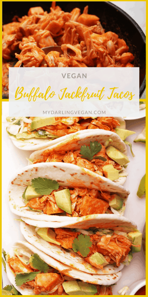 Lighten up with these incredible vegan tacos. Made with buffalo jackfruit, cilantro cabbage slaw, and fresh avocado, these tacos are something to get excited about! Made in just 20 minutes for an easy and delicious vegan meal.