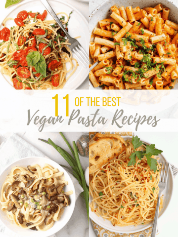 11 of the best vegan pasta recipes all in one place! From Creamy Alfredo Pasta to Pasta Caprese, there is a recipe for everyone. All recipes made in 30 minutes for quick and delicious weeknight meals.  