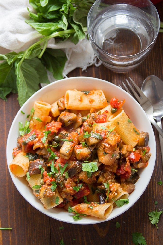 Eggplant Pasta in a white bowl