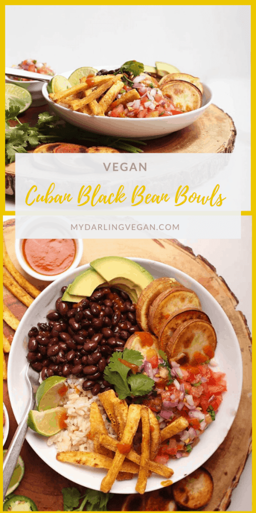 A hearty and healthy bowl with Cuban Black Beans, roasted sweet potatoes, fresh pico de gallo and homemade plantain fries. Vegan and gluten-free! 