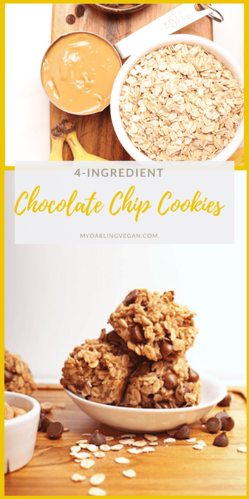 Healthy 4-Ingredient Cookies with chocolate chips made with just banana, oats, peanut butter for a quick and healthy snack or sweet treat. Vegan and gluten-free!