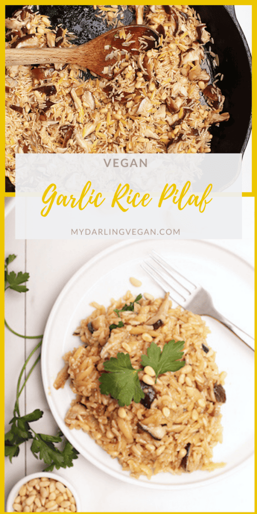 Enjoy this hearty and rich garlicky brown rice pilaf. Made with pine nuts and shiitake mushrooms for a delicious vegan side to your favorite weeknight meals. 