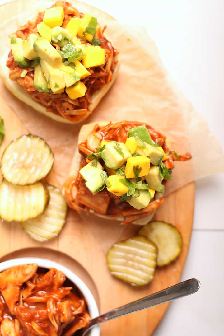 Open-faced vegan pulled pork sandwich