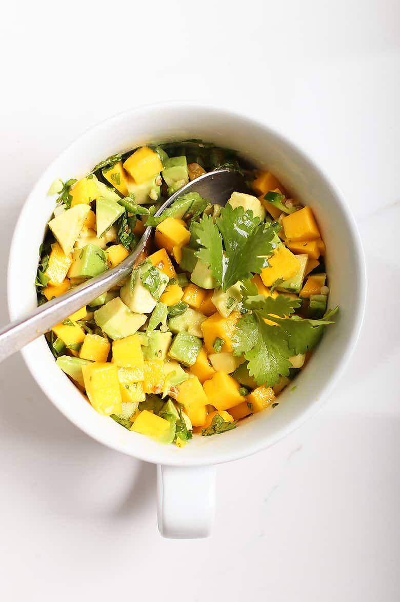 Mango Avocado Salsa in a white bowl