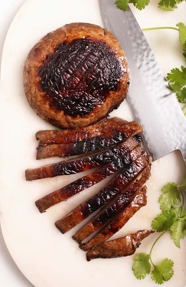 Grilled portobello on a cutting board