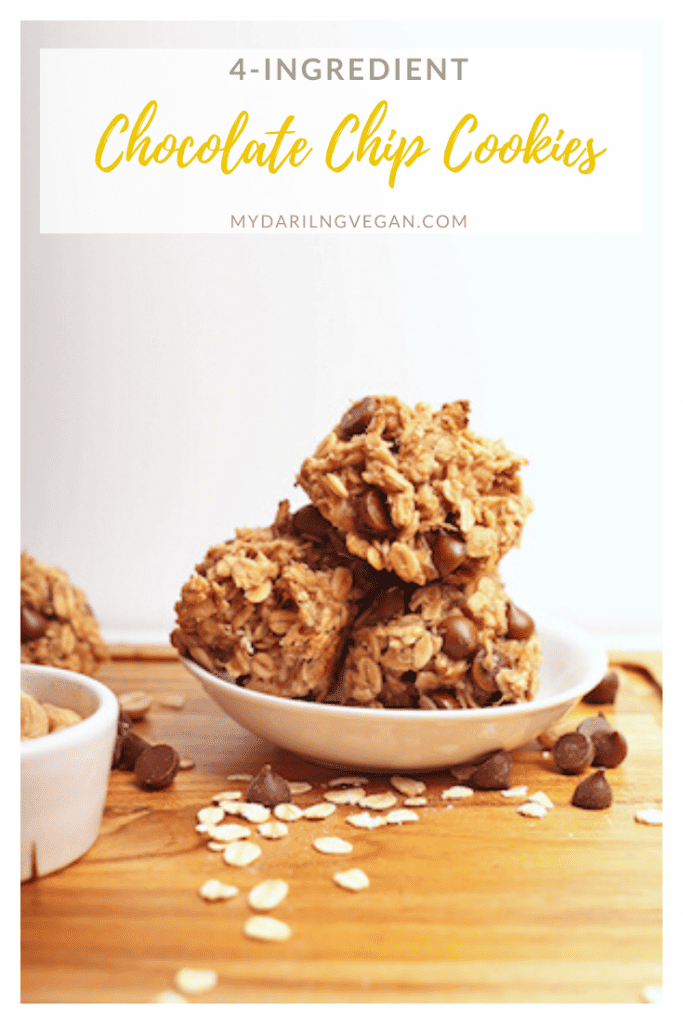 Healthy 4-Ingredient Cookies with chocolate chips made with just banana, oats, peanut butter for a quick and healthy snack or sweet treat. Vegan and gluten-free!