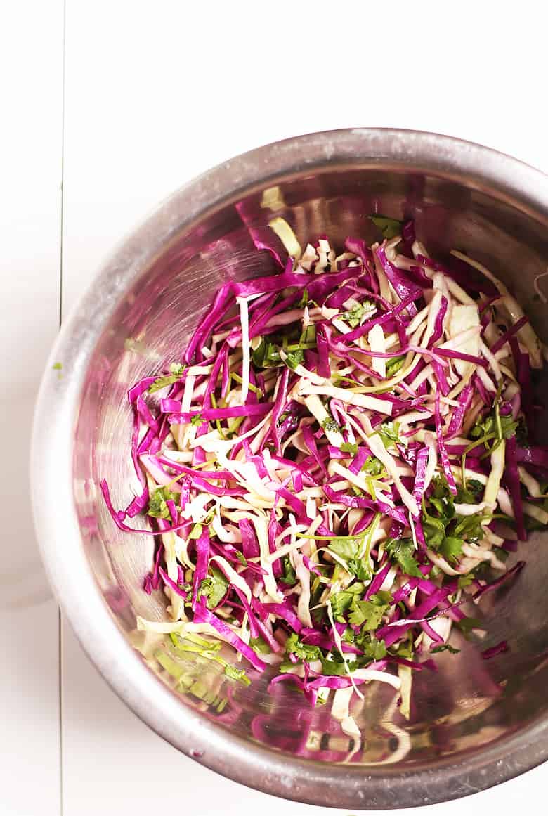 Cilantro Cabbage Slaw in a metal bowl