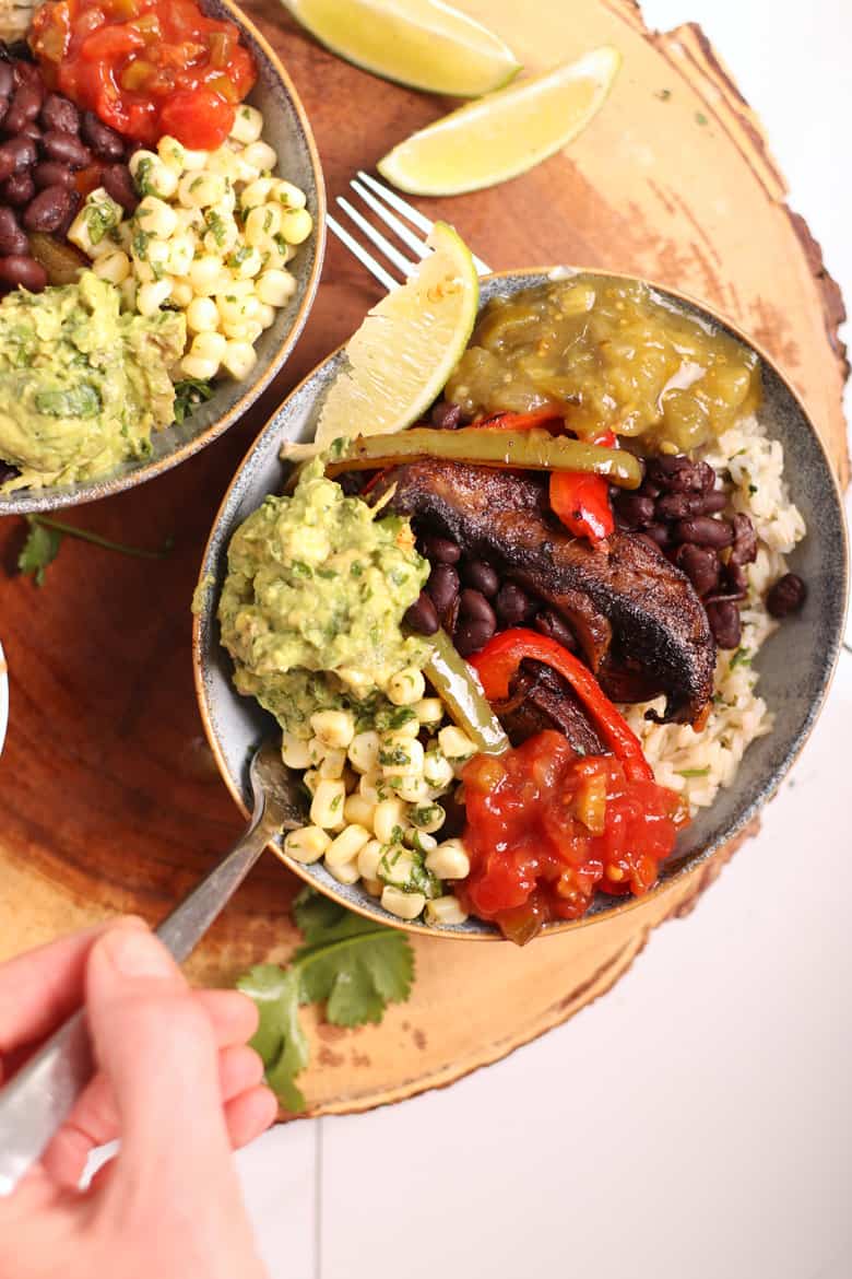 Vegan Fajita Bowls on wooden platter