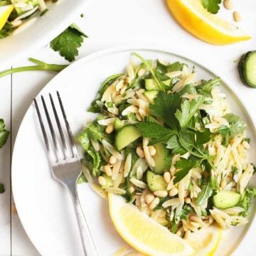 Lemon Orzo Salad on a white plate