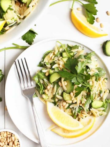 Lemon Orzo Salad on a white plate