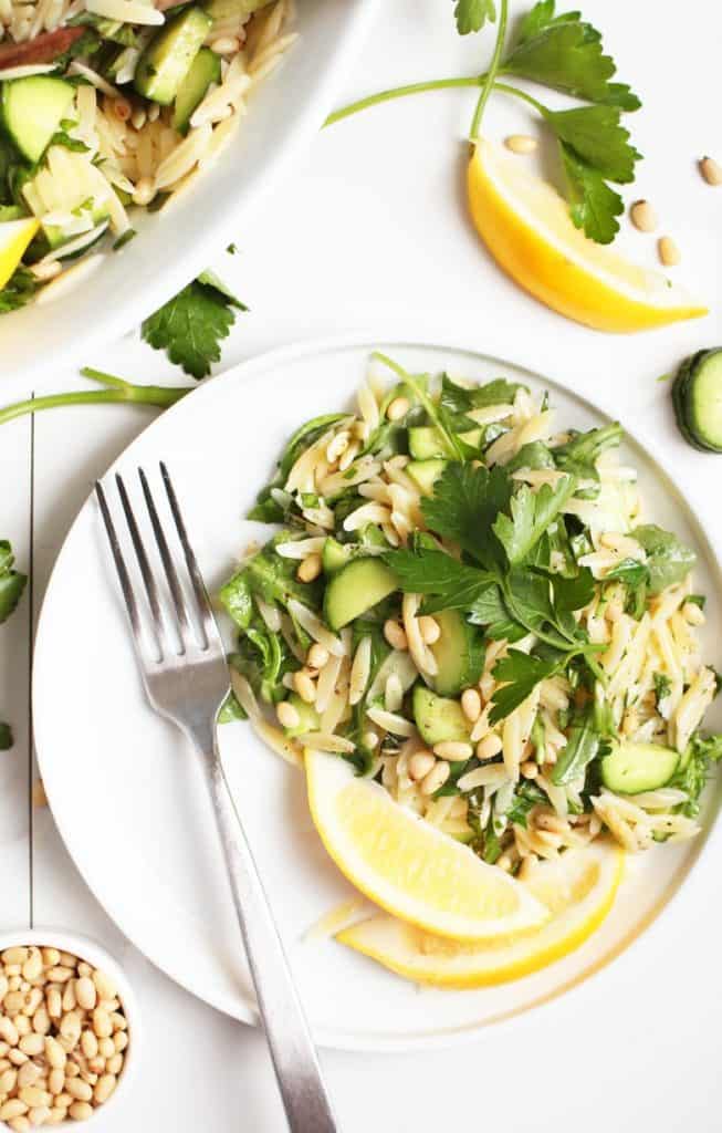 Lemon Orzo Salad on a white plate