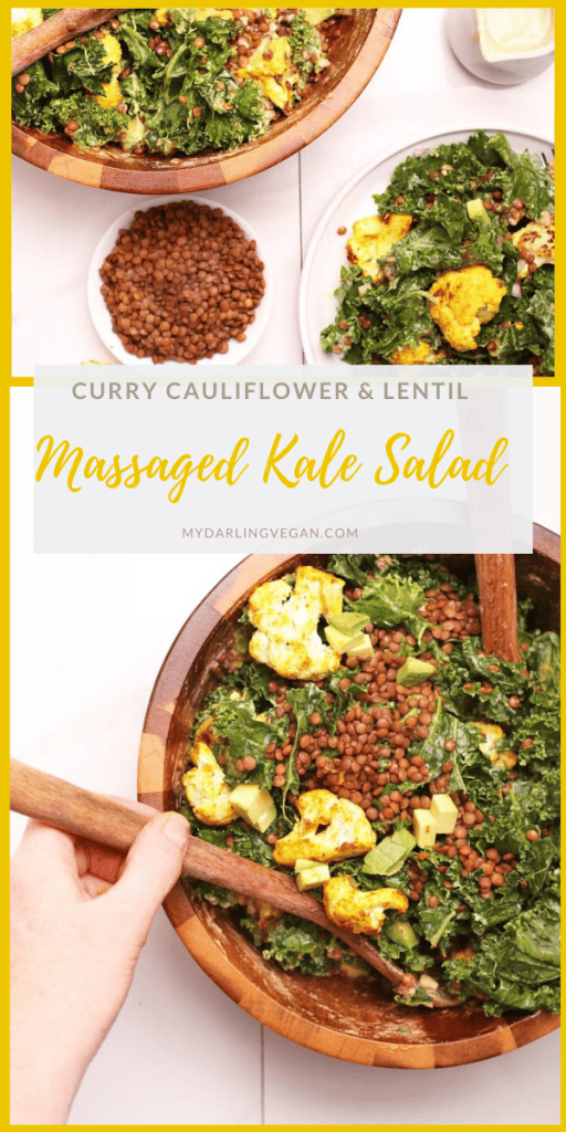 Enjoy the vibrant flavors of curried cauliflower, sea salt massaged kale, and lemon tahini dressing in this warm kale salad. A hearty, vegan, and gluten-free entree salad that you will absolutely love.