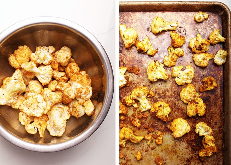 Curried cauliflower on a baking sheet