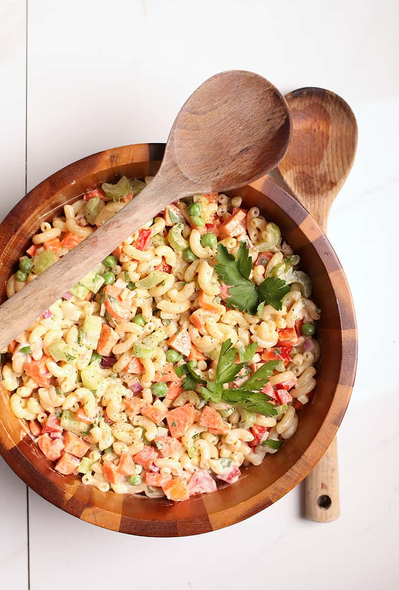 Vegan Macaroni Salad in a wooden salad bowl