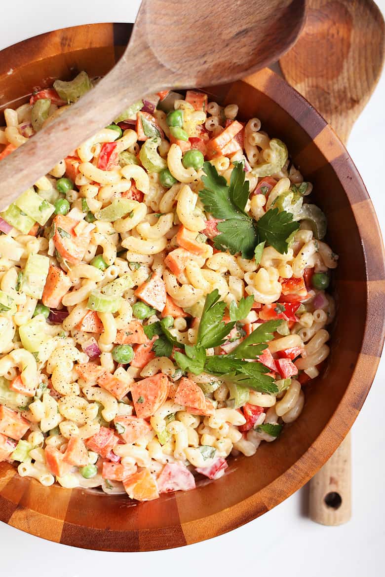 Finished salad in a wooden bowl