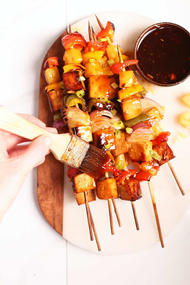 Teriyaki Tofu Skewers brushed with Teriyaki sauce