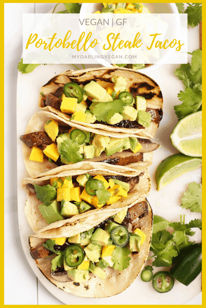 Lighten up with these mushroom tacos. Made with grilled portobello steaks and avocado mango salsa, these vegan and gluten-free tacos are the perfect light meal. 