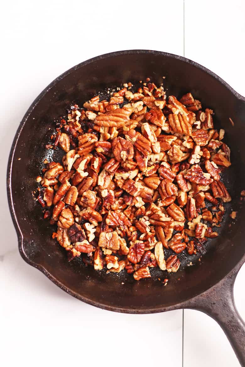 Buttered pecans in sauté pan