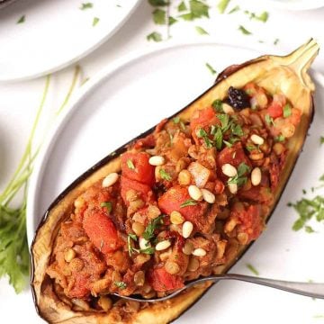 Moroccan Stuffed Eggplant on white plate