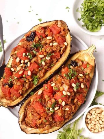 Two Moroccan Stuffed Eggplant on white plate