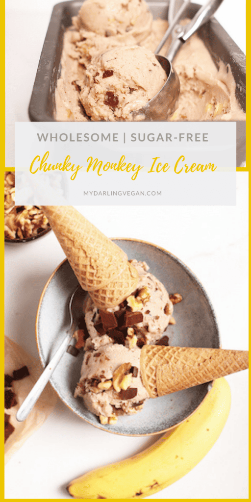 Everyone's favorite ice cream turned vegan! This Raw Chunky Monkey Ice Cream is made from a banana base and filled with raw chocolate pieces and walnuts for a delicious and wholesome plant-based dessert.