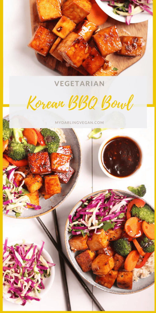 A delicious Korean BBQ bowl filled with cabbage slaw, spicy pan-fried tofu, and sautéed broccoli and carrots, this weeknight meal is hearty and delicious. Vegan and Gluten-free!