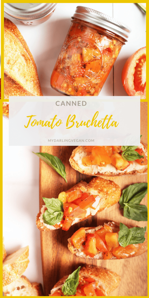 Tomato bruschetta in a jar! Served over soft vegan mozzarella cheese and a toasted baguette for a sweet and tangy baked appetizer. Make it in a jar for the perfect spread, filling, or homemade gift. 