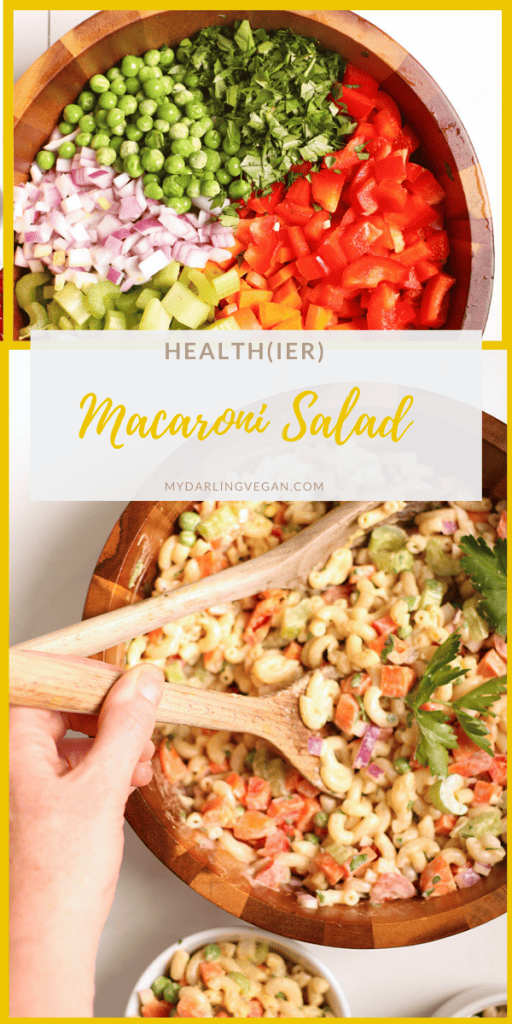 Enjoy this classic vegan macaroni salad just like you remember it! Made with elbow macaroni, filled with carrots, celery, bell pepper, and peas, then all tossed together in a garlicky cream sauce, it just like the original! Made in 20 minutes.