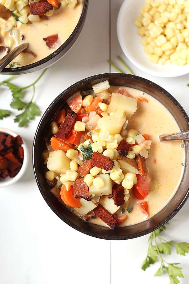 Vegan Corn Chowder in black bowl