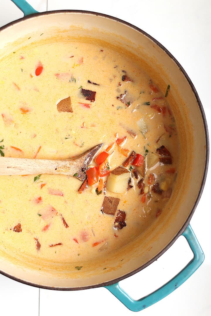 vegan corn chowder in soup pot